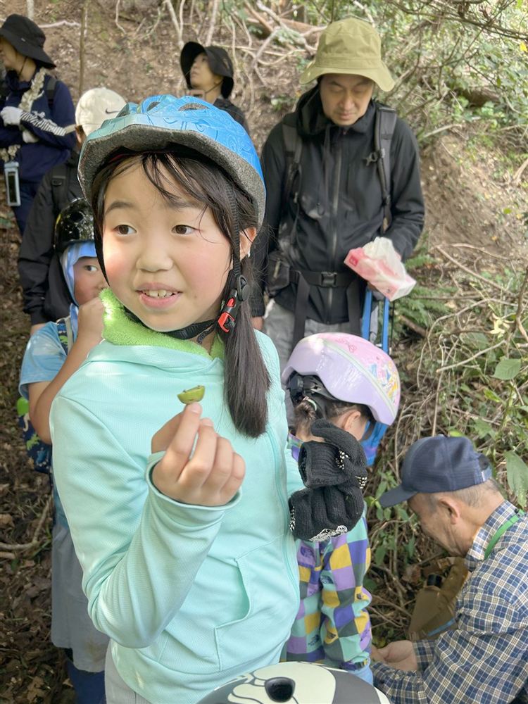 森で見つけた木の実を見せる女の子